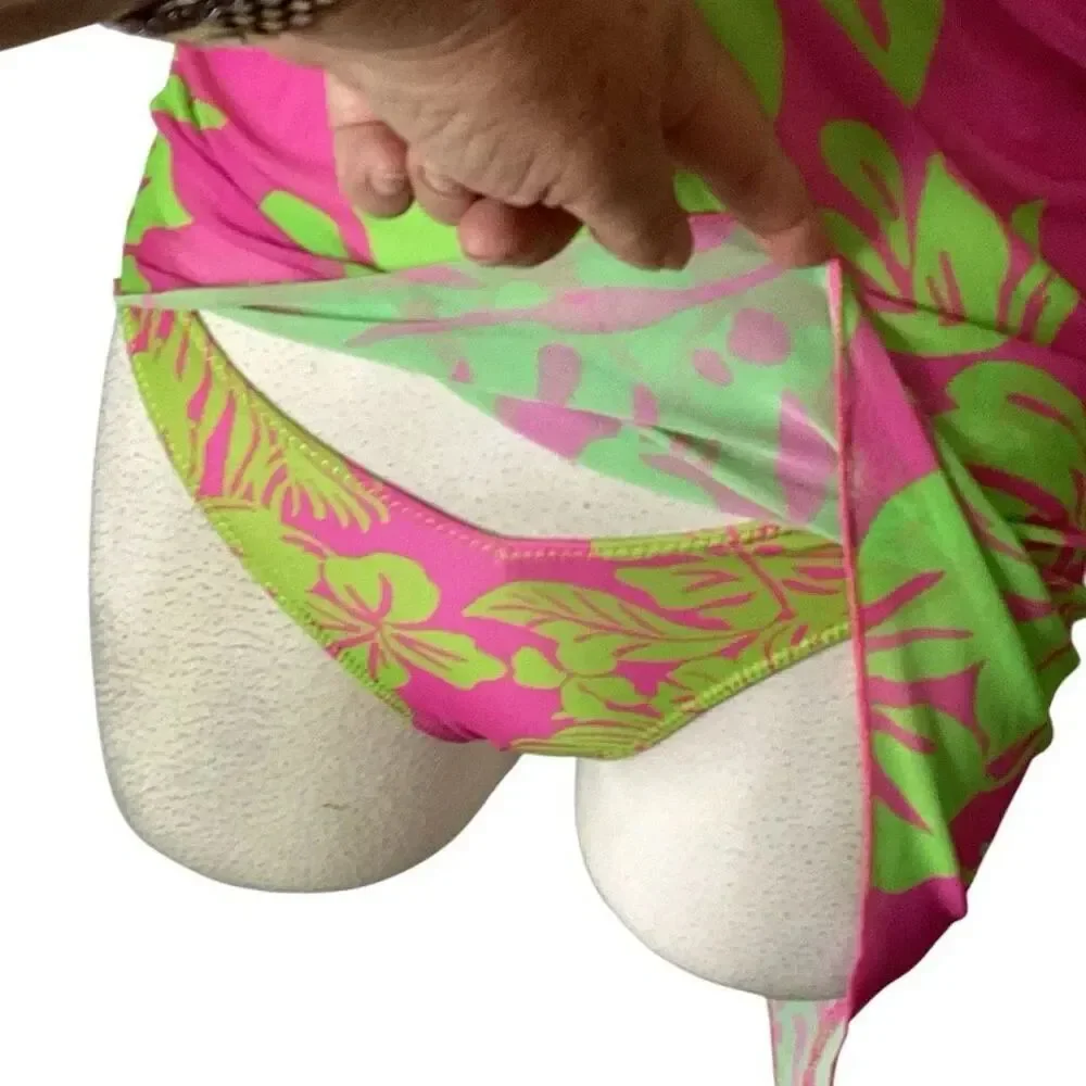 Melissa Simone NWT 2-Piece Tropical Swim Set Cover-Up & Bikini Bottoms Pink Lime